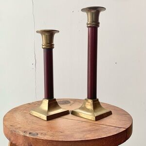 Vintage Brass and Burgundy Candle Holders